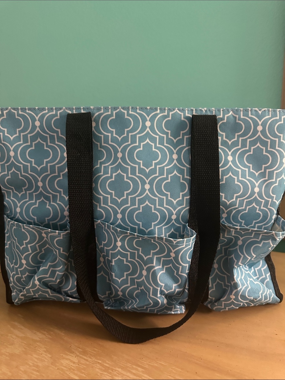 Patterned Blue Tote Bag with Black Straps